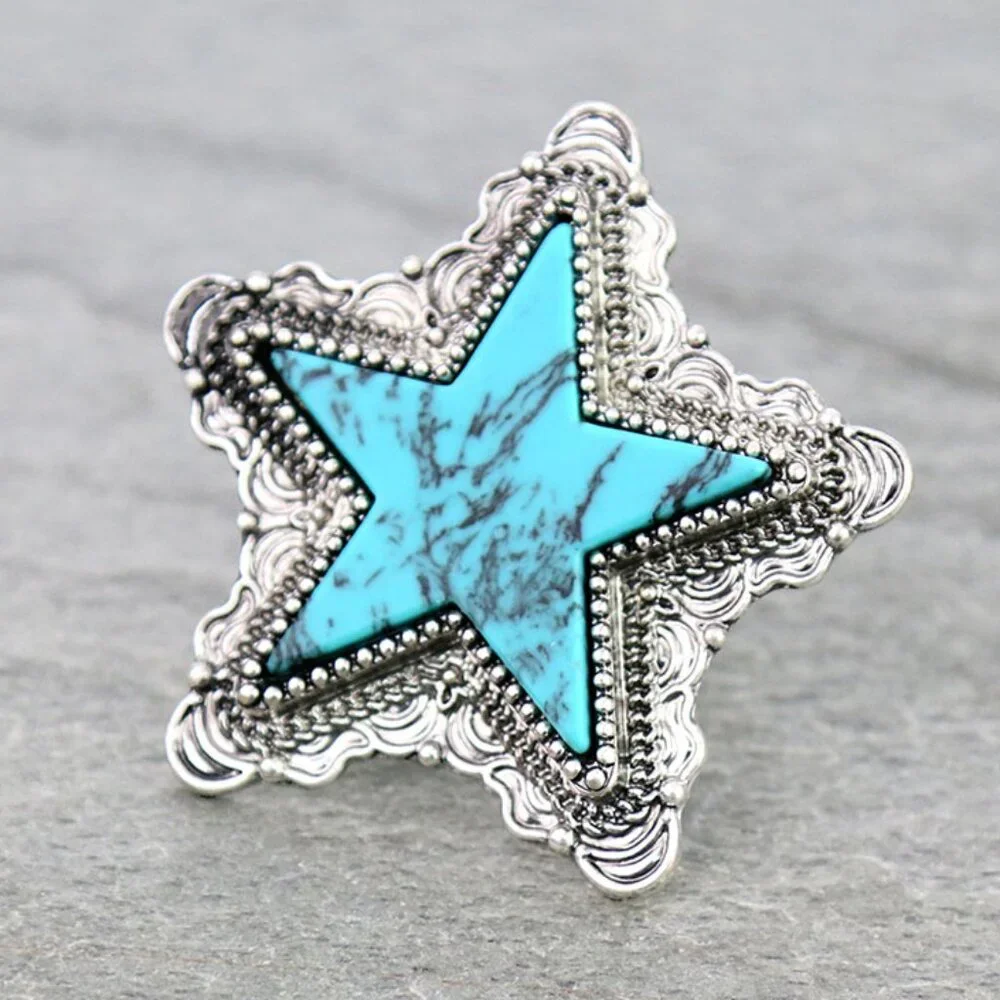 Turquoise White Black STAR Natural Stone Western Boho Style Stretch Ring Silver